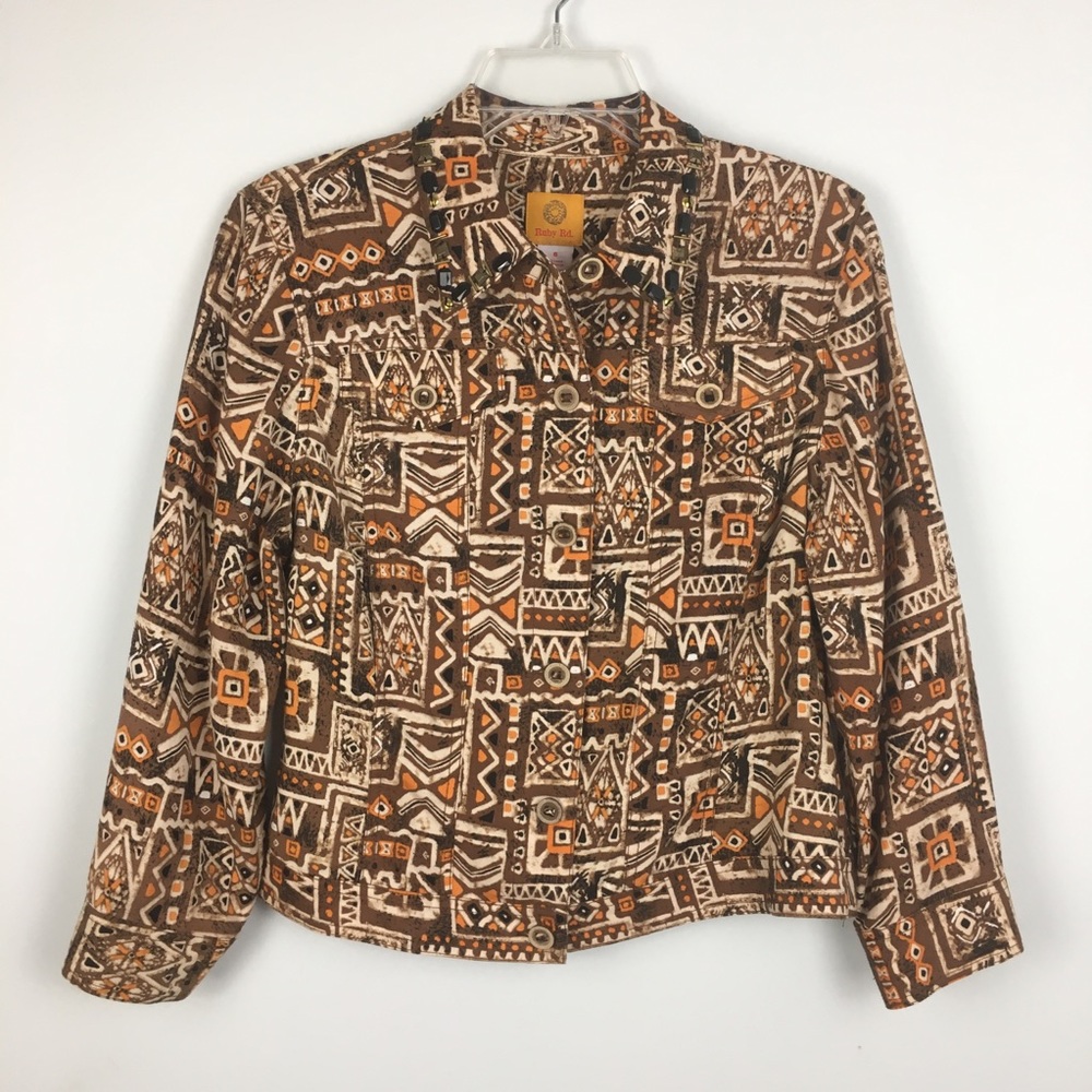 Ruby Rd Ikat Linen Crop Jacket Women’s Sz 6 Brown Multicolor Tribal Artsy Boho